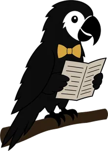 The Paper Parrot mascot: a black parrot wearing a gold bow tie, reading a newspaper while perched on a branch